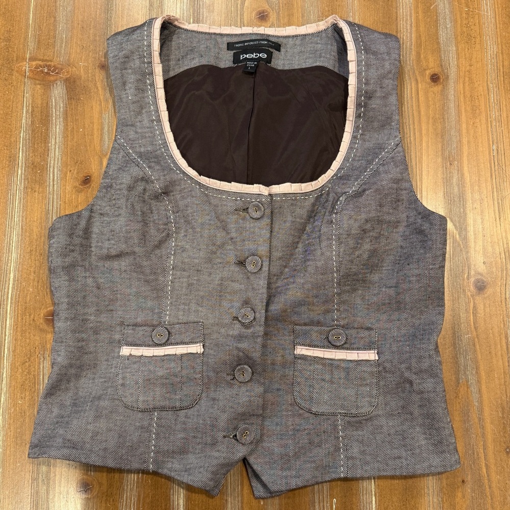 Bebe Contrast Trim Bustier Vest Linen Button Front Brown Pink Womens Size Large